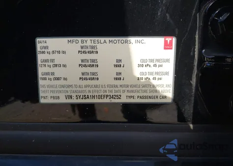2014 Tesla Model S P85 from USA, damaged, VIN 5YJSA1H10EFP34252